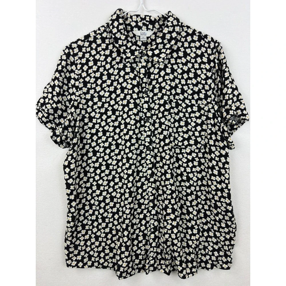 Croft & Barrow‎ Floral Button Down Shirt Womens XL Black White Daisy Rayon Top